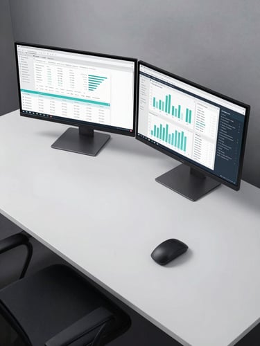 Wide overhead view of a minimalist desk setup with dual monitors displaying analytics dashboards and data visualizations, clean white surface, studio lighting, no people, cool-toned, sharp and precise framing