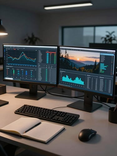 Wide environmental shot of a dual-monitor creator workspace at pre-dawn, analytics dashboard glowing on screen, keyboard and notebook in foreground, cool studio lighting, overhead angle, no people visible