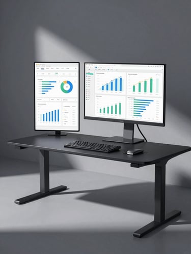Wide environmental shot of a minimal standing desk workspace, dual monitors displaying analytics dashboards with performance graphs, overhead studio lighting casting sharp shadows, cool-toned, no people, clean dark desk surface with a keyboard and notebook