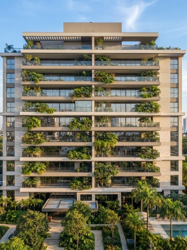 Fachada moderna e elegante do Residencial Parque em Guarulhos, com sacadas amplas e vegetação, sob luz natural da manhã, estilo arquitetônico limpo e sofisticado.