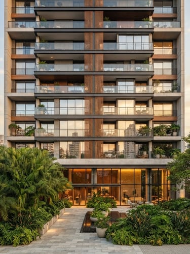 Wide shot of a modern apartment building facade in Guarulhos at golden hour, clean lines, large windows reflecting the sky, with lush tropical landscaping in the foreground. Architectural photography, soft natural light.