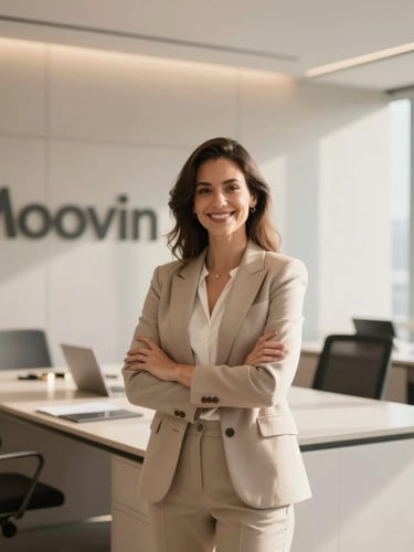 Retrato de uma corretora de imóveis da Moovin sorrindo, em um escritório moderno com luz natural, transmitindo confiança e profissionalismo.