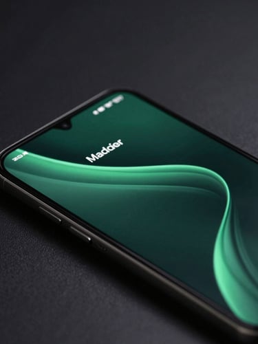 Angled macro shot of a premium Android flagship screen displaying a dark mode custom Material Design UI with sharp emerald green accents and fluid motion blur, low-key moody studio lighting