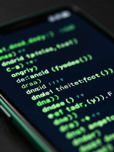 Extreme close-up macro shot of a sleek Android smartphone screen displaying glowing green code lines, low-key dark studio lighting, emerald green accents.
