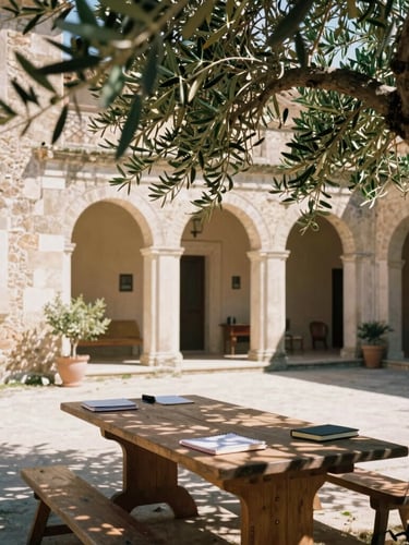 Warm editorial photography of a historic stone villa courtyard in Sicily, dappled Mediterranean sunlight through olive branches, a long wooden table with notebooks, soft focus, 35mm film.