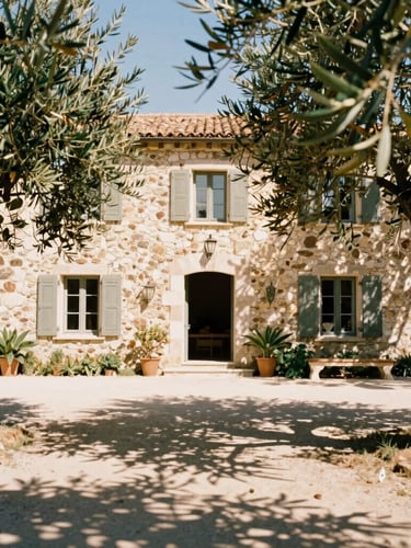 Warm editorial photography of a sun-drenched stone villa in the Var Valley, dappled Mediterranean sunlight through olive branches, soft focus, 35mm film.