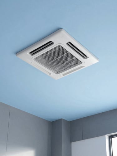 Wide shot of a modern, clean commercial interior with a neatly mounted air conditioning cassette on a high ceiling, bright natural daylight