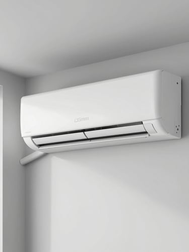 Crisp commercial photography of a modern wall-mounted air conditioning unit in a bright, minimalist office space, clean slate gray tones, sharp focus, 35mm lens