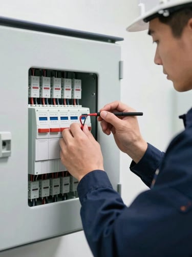 Close-up of a professional engineer in a navy uniform wiring a modern industrial distribution board, clean slate gray background, bright daylight, sharp focus, 35mm lens