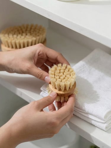 Overhead shot of hands organizing wooden scrubbing brushes and linen towels on a clean marble shelf, bright natural daylight, shallow depth of field.