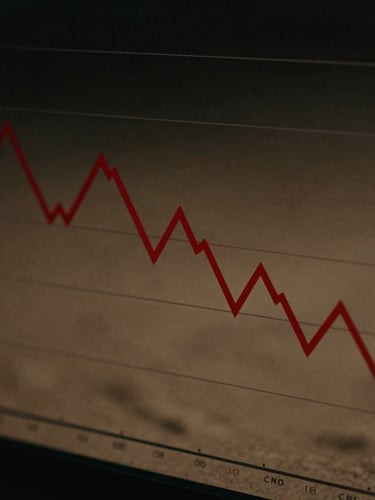 Moody cinematic photography of a simplified financial chart with a single crisp red line path reflecting off dark glass, low-key chiaroscuro lighting, deep charcoal and warm sand tones, 35mm