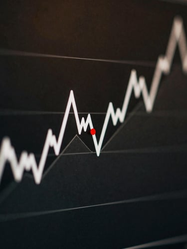 Moody close-up of a simplified financial chart displaying a single stark white line against deep charcoal, with a sharp red focal dot at the pivot point, low-key lighting.