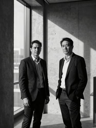 Sharp editorial portrait of two PR partners in a minimalist concrete San Francisco office, high-contrast directional window light, deep shadows, stark black and white, 50mm lens.