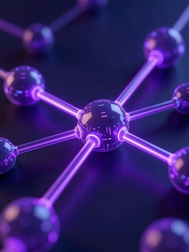 Sleek 3D render of interconnected digital nodes and glowing data pathways, cool ambient neon lighting in deep navy and electric purple tones, macro lens, ultra-detailed tech aesthetic.