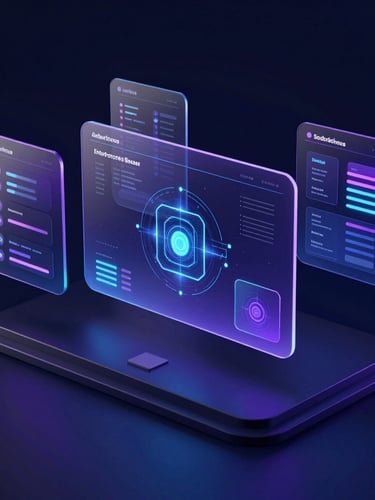 Sleek 3D render of a unified enterprise dashboard interface, glowing neon blue and purple data nodes, floating glassmorphic panels, macro perspective, dark navy background