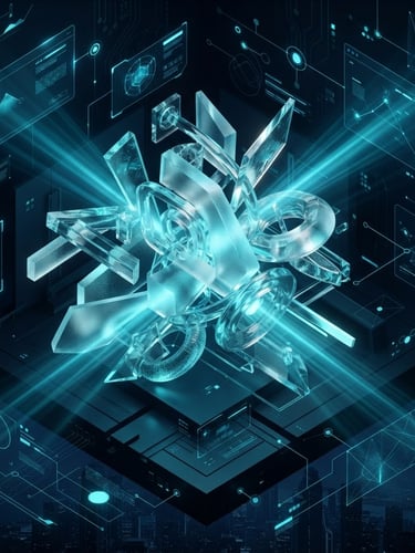 Sleek 3D render of abstract glass structures refracting cyan light, dark mode UI elements, isometric perspective, octane render