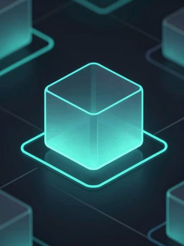 Close-up of a dark mode UI wireframe with glowing cyan lines, abstract 3D glass structures refracting light, isometric perspective, octane render