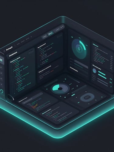 High-fidelity dark UI mockup of a fintech dashboard, displaying complex data visualizations and code snippets, illuminated by subtle cyan neon edge lighting, isometric perspective, sleek 3D render, octane render