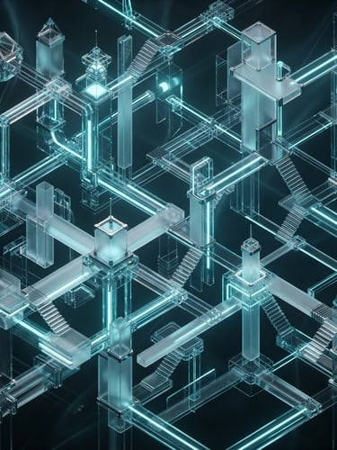 Sleek 3D render of abstract glass structures refracting cyan light, forming a complex architectural network, dark background, isometric perspective, octane render.