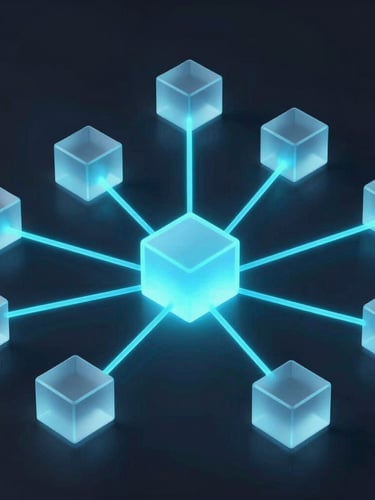 Wide isometric angle of abstract digital supply chain nodes, glowing sky-blue lines connecting frosted glass blocks, low-key ambient lighting