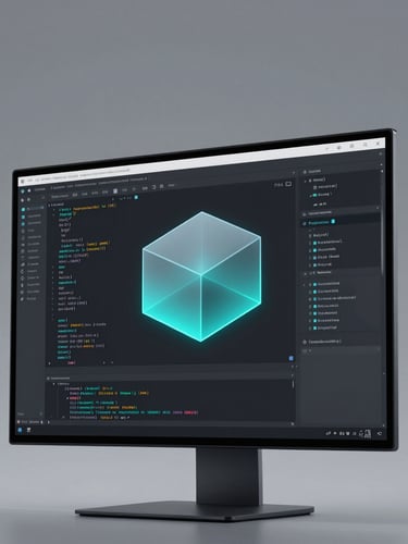 Clean architectural workspace with minimalist design, sharp lines, and subtle cyan lighting accents, a single high-resolution monitor displaying dark-mode code, close-up macro shot, octane render.