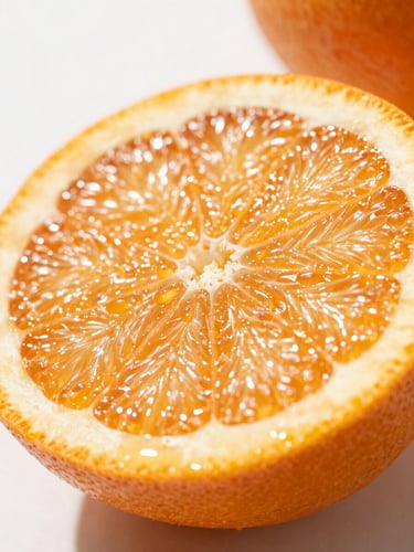 Extreme macro shot of a sliced blood orange, glistening juice vesicles under bright natural morning daylight, shallow depth of field