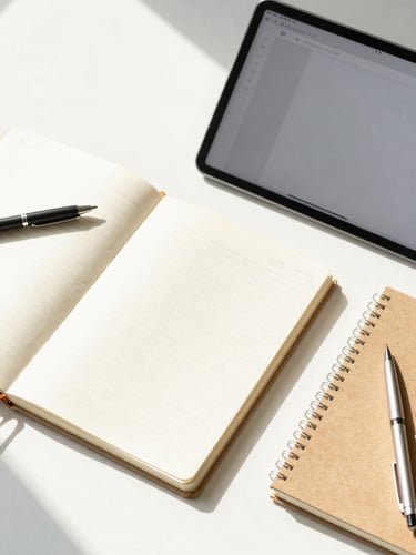 A bright modern workspace flat-lay with organized notebooks, a sleek tablet showing a clean digital interface, and warm morning light.
