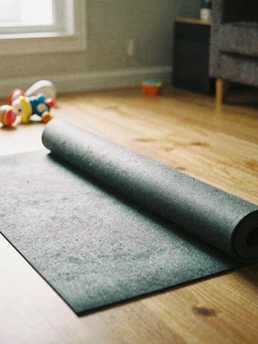 Candid 35mm film photo of a dusty workout mat rolled out on a cluttered living room floor, baby toys scattered nearby, soft warm light streaming from a window, intimate snapshot