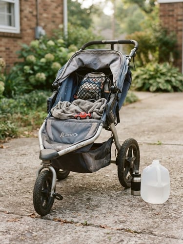 Candid film snapshot, soft morning light, a slightly worn jogging stroller parked in a concrete driveway next to a half-empty gallon water jug, warm muted tones, grainy 35mm.