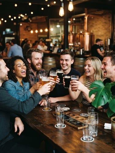 A candid 35mm photograph of happy adults laughing at a brewery table, raising craft beer glasses next to a vibrant monstera plant, warm ambient lighting.