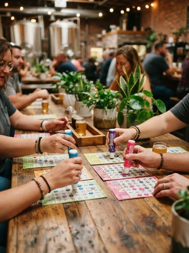 Hands holding colorful bingo dabbers over cards at a long wooden table, vibrant green potted plants on the table, warm brewery lighting, shallow depth of field, 35mm