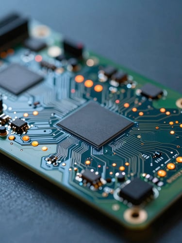 Macro shot of a high-end smart TV circuit board with orange indicator lights, clinical cool blue background, sharp focus.
