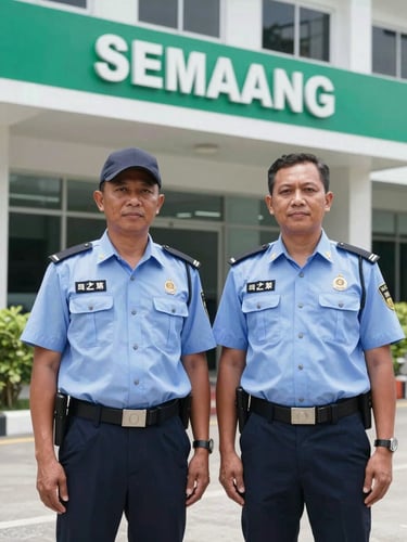 Professional security guard and pest control technician standing side-by-side in clean uniforms, bright daylight, commercial building background, Semarang