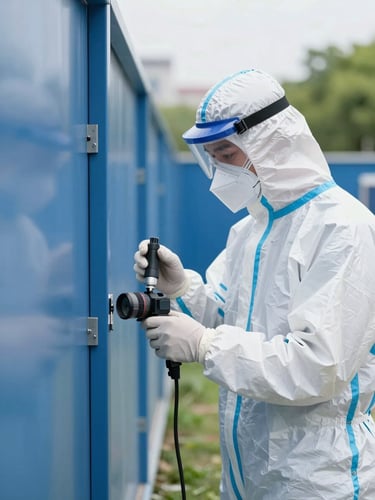 Professional certified pest control technician in protective gear inspecting structural barriers with precision equipment, bright natural daylight, clean corporate blue tones