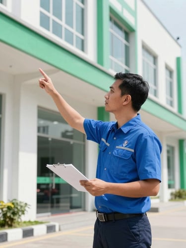 A professional facility services technician in Semarang wearing clean corporate uniform inspecting a modern commercial building exterior, bright natural daylight, crisp focus, 35mm lens