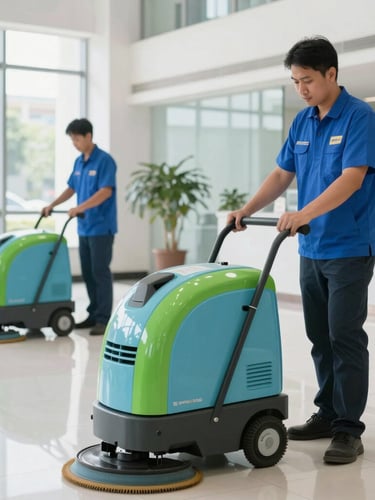Professional cleaning staff operating industrial floor scrubbers in a bright, clean Semarang commercial lobby, natural daylight, 35mm lens