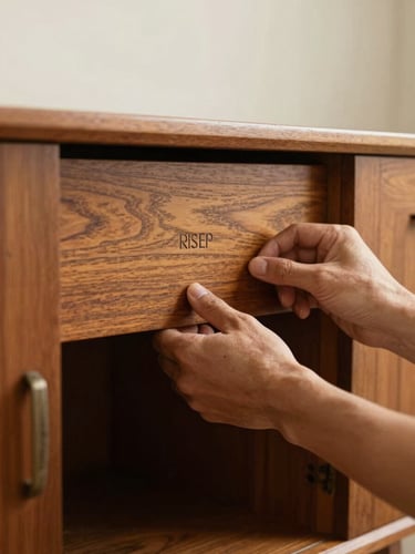 Close-up documentary shot of hands examining the underside of a mid-century wooden sideboard, checking maker's mark on the back panel, soft diffused studio light, neutral warm background, inventory-style framing, no styling
