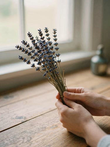 Soft warm golden hour light, hands holding a bundle of dried mullein and lavender, rustic wooden table, historical apothecary aesthetic, 35mm film texture