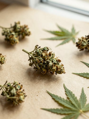 Overhead flat-lay of dried green organic hemp buds next to raw botanical herbs on a warm parchment background, soft natural window light, macro depth of field