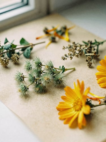 Overhead flat-lay of dried botanical herbs, including fluffy green mullein and golden calendula petals, arranged on antique parchment paper, soft natural window light, 35mm film texture.