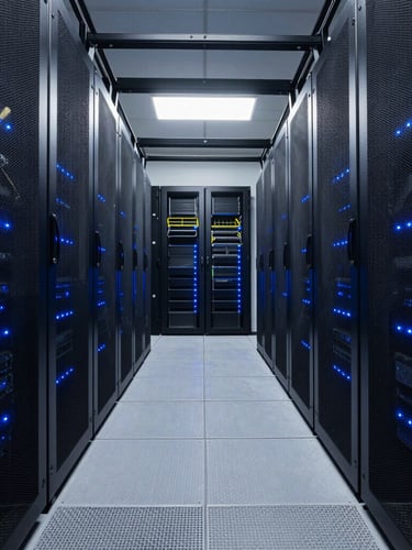 Wide, symmetrical architectural shot of modern data center server racks, sharp blue indicator lights, low-key lighting, cool controlled environment, high-precision infrastructure.