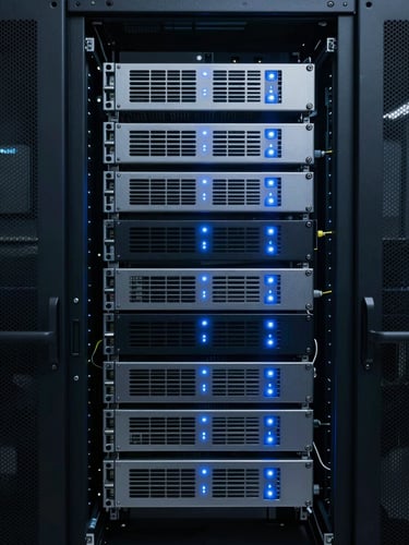 Symmetrical shot of clean server rack hardware in a modern data center, illuminated by sharp blue indicator lights with a cool, controlled low-key atmosphere.