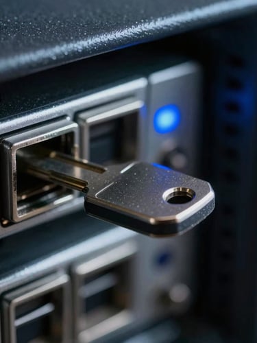 Macro close-up of a secure physical authentication hardware key inserted into a server unit, sharp blue status indicator light, cool low-key lighting, shallow depth of field