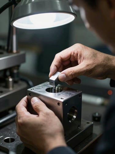 Close-up of a worker's hands inspecting a freshly plated metal component under high-contrast industrial light, showing micron-precision finish, cool metallic tones, with facility machinery blurred in the background.