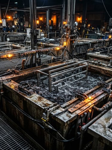 A close-up of heavy industrial plating tanks with dramatic workshop lighting, cool metallic steel tones, and amber safety lights reflecting off wet metal surfaces.