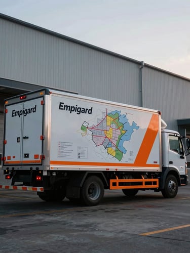 Wide panoramic shot of Empigard's branded delivery truck parked at a loading dock of a large industrial facility, early morning light, showing the regional service area map on the side, cool metallic tones with safety orange accents, low horizon.