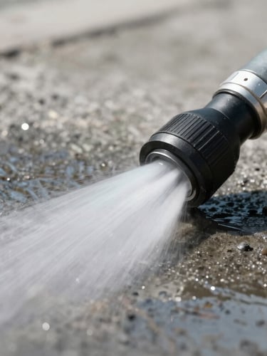 Sharp close-up of industrial cleaning equipment nozzle spraying water on concrete, high contrast, cool daylight, 35mm lens.