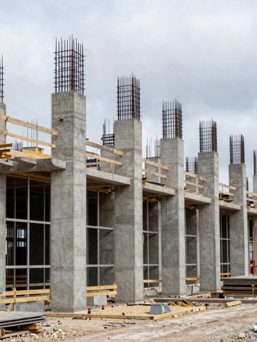 Wide environmental shot of an active construction site in Belgium, structural concrete columns under a cool overcast sky, high contrast, 35mm lens