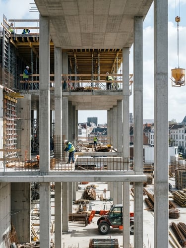 Straight-on medium shot of a modern Belgian construction site with concrete columns under high-contrast cool daylight, 35mm lens
