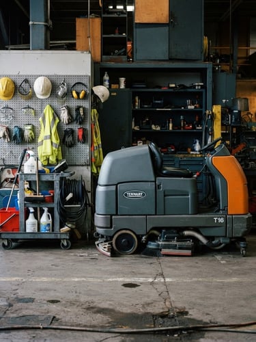 Straight-on medium shot of heavy-duty industrial cleaning equipment and organized safety gear on a concrete floor, cool daylight, high contrast slate and amber tones, 35mm lens